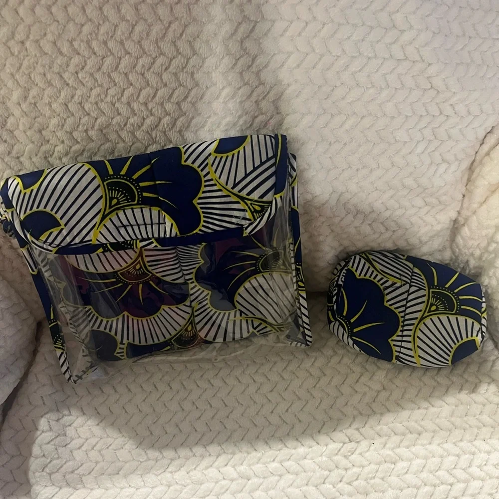 African Print Blue and Yellow Patterned Clear toiletry Bag. Has a smaller bag!